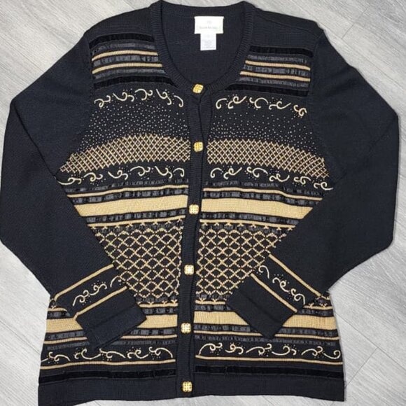 Susan Bristol Vintage 90s Black Gold Beaded Cardigan Sweater L Made in Hong Kong - Picture 1 of 11